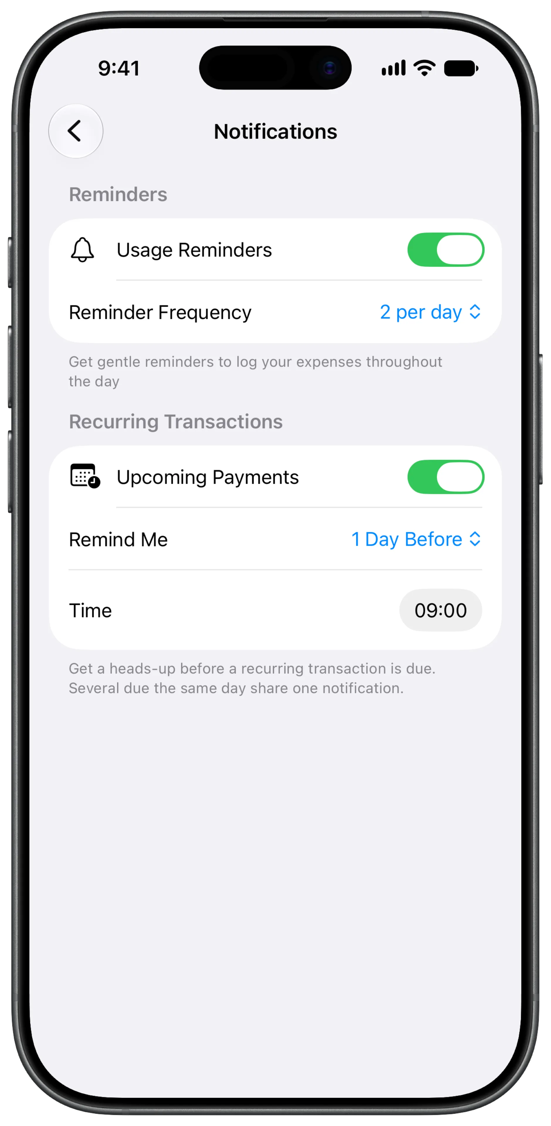 Notification settings for reminders before upcoming recurring payments